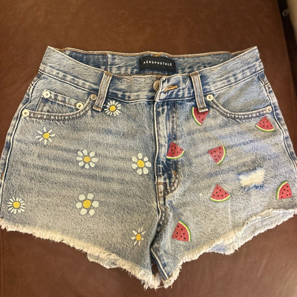 Aeropostale Women's Blue Jean Shorts with Floral and Watermelon Details